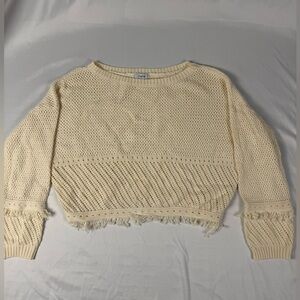 Cream Knit Cotton Sweater Cropped Fringe